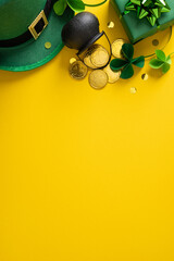 Obraz premium A vertical festive St Patrick's Day scene featuring a green hat, gold coins, and shamrocks arranged on a vivid yellow backdrop, evoking luck, celebration, and Irish tradition.