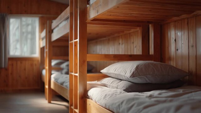 Indoor bunks with mattresses, pillows and blankets.