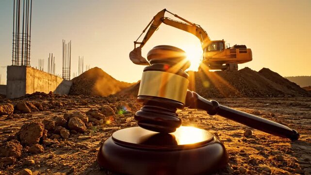 Gavel and excavator on construction site at sunset, symbolizing legal aspects of development projects