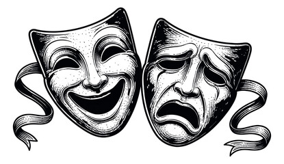 Fototapeta na wymiar Hand drawn line art theatre masks set featuring comedy and tragedy expressions for drama and performing arts concepts