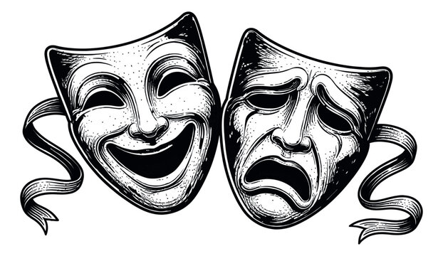 Hand drawn line art theatre masks set featuring comedy and tragedy expressions for drama and performing arts concepts