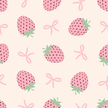 Seamless pattern with cute pink strawberries and pink bows. Coquette aesthetic design for summer textiles and wallpaper.