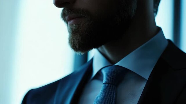 Portrait of bearded man in suit with hands clasped
