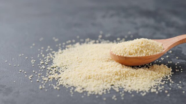 couscous in a wooden spoon on a dark kitchen table.
Organic couscous in a wooden spoon on a black marble background.