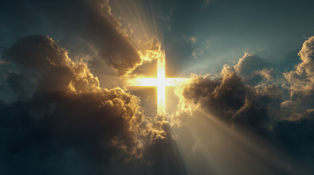 Radiant golden sunlight breaks through dark storm clouds forming a glowing cross shape with beams shining across a dramatic evening sky landscape scene