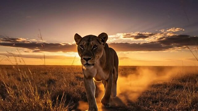 Majestic Lioness Runs Through African Savanna at Sunset.