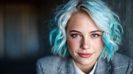 Fototapeta premium A young woman with striking blue hair and a stylish outfit poses confidently, gazing directly into the camera with a captivating expression against a soft backdrop.