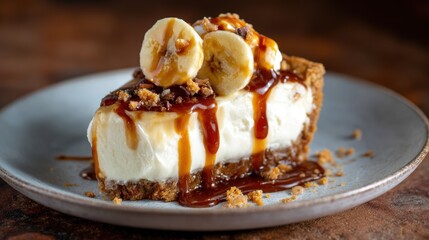 This image features a mouth-watering slice of banana cream pie, beautifully garnished with banana slices and caramel, inviting viewers to indulge in its delightful presentation.