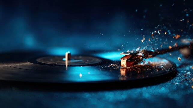 An artistic close-up capturing a broken vinyl record under vibrant blue lighting, representing nostalgia, creativity, and the fragility of music in a visually striking manner.