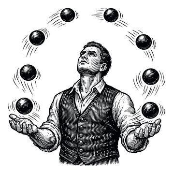 Hand drawn line art illustration of a man depicting juggling balls for skill and performance