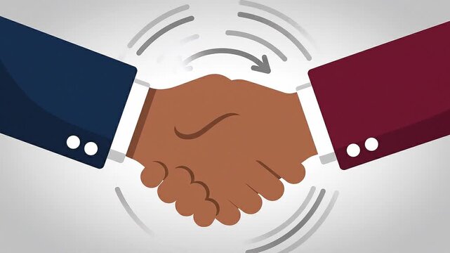 A clean animated business partnership icon with handshake symbols, flat vector illustration, minimal shading, subtle pulse animation, slow zoom-in camera movement, neutral background, loopable