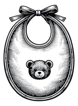 Hand drawn line art illustration of a baby bib depicting a teddy bear head for infant care