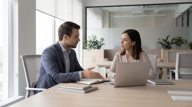 Meeting with boss discussing project updates and planning next steps in a modern office setting during working hours