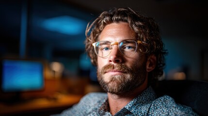 Fototapeta premium A stylish man with curly hair and glasses is captured in a moody office setting, expressing confidence and creativity against a backdrop of soft lighting.