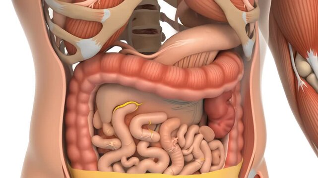 3D medical animation of human digestive system anatomy showing greater omentum fat layer fading to reveal large and small intestines