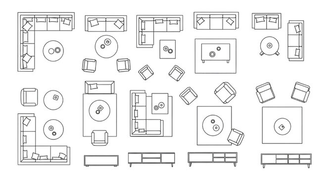 Vector Top View Living Room Furniture Set Featuring Modular Sofas and Tables Line Art