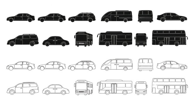 Vector Set of Car, Bus, Van, Truck, Sedan and SUV Elevations in Silhouette and Outline Styles