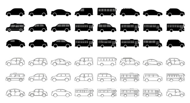 Vector Set of Car, Bus, Van, Truck, Sedan and SUV Elevations in Silhouette and Outline Styles