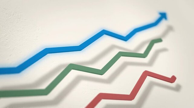 An animated market trend icon with rising and falling lines, minimal vector style, smooth line drawing animation, soft color accents, gentle vertical tilt camera movement, seamless looping motion