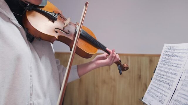 Close-up of young female student preparing for music exam -  playing violin while following sheet music. Concentrated expression -  dedication to classical education and performance readiness.