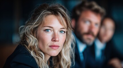Fototapeta premium An attractive businesswoman gazes confidently ahead while colleagues subtly create a dynamic atmosphere of professionalism and teamwork in a corporate setting.