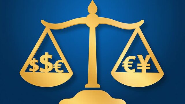 An animated economic stability icon with balanced scales and currency symbols, flat vector illustration, subtle sway animation, slow centered zoom camera movement, calm professional tone