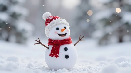 Obraz premium Happy snowman standing in a snowy winter landscape smiling cheerfully