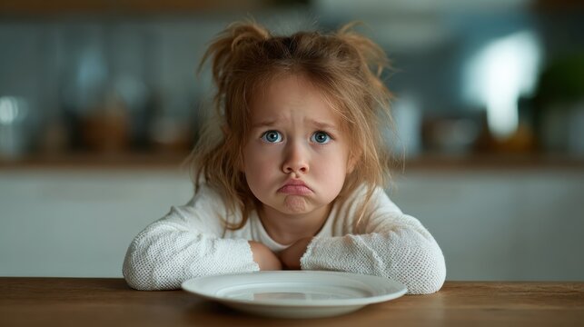 A young girl with a frown sits at a table, looking longingly at an empty plate before her, capturing the emotion of anticipation and disappointment in a simple yet powerful moment.