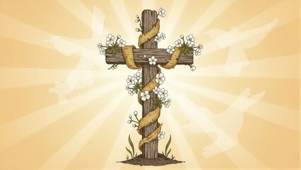 Fototapeta premium Wooden cross decorated with flowers and ribbon, with dove silhouettes and rays. Christian Easter and Pentecost symbol for spiritual worship.