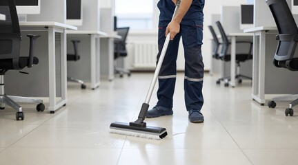 Close up of worker mopping the floor in an office space