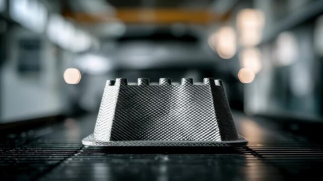 Focused medium shot of a sleek 3D printed car component prototype emphasizing precision with an indistinct factory setting fading out behind it.