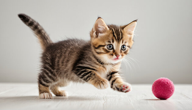 S&uuml;&szlig;e Babykatze jagt einen pinken Ball beim Spiel