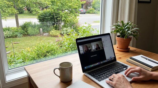 Remote worker on video call with colleagues in modern home office