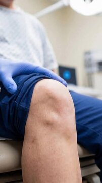 Doctor checking patient reflexes by tapping his knee with a reflex hammer during medical exam with abnormal response suggesting potential issues