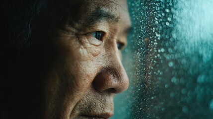 Obraz premium Lonely elderly man looking through rainy window in moment of sadness and apathy