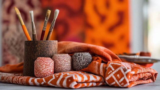 Sharp focus on batik dyeing brushes and fabric pattern softfocus dye containers and draped textiles create an artistic atmosphere in a craft room.