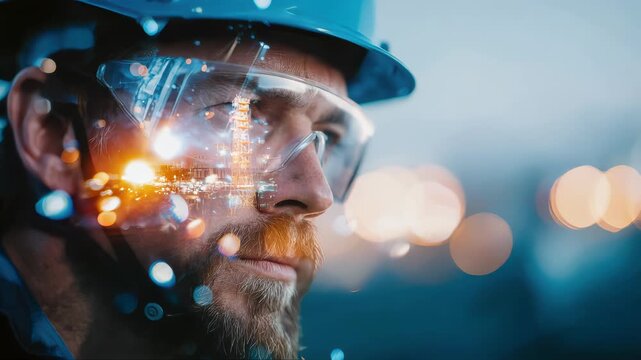 Double exposure portrait of an engineer in safety gear blended with an offshore refinery scene, representing oil and gas production, technology, and energy sector