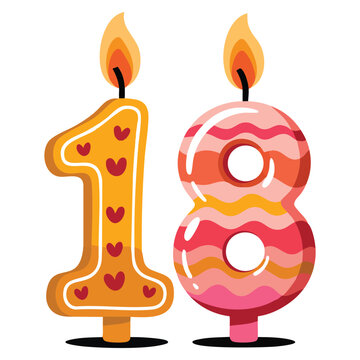 Hand drawn birthday candle number illustration with burning flames scandinavian style decoration for holiday cake birthday wedding 18 year anniversary stylized vector clipart