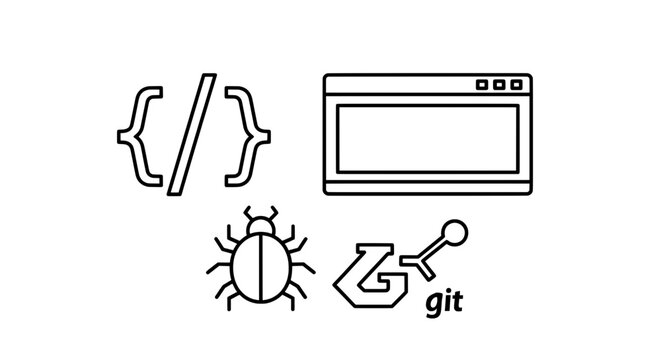 black and white line drawing of a computer screen with git and code