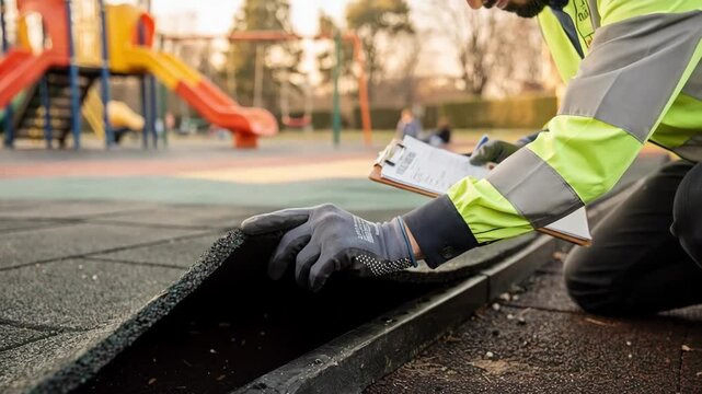 Safety inspector carefully surveying rubber flooring and playground borders for hazards capturing focused hands with the colorful play structures softly blurred beyond.