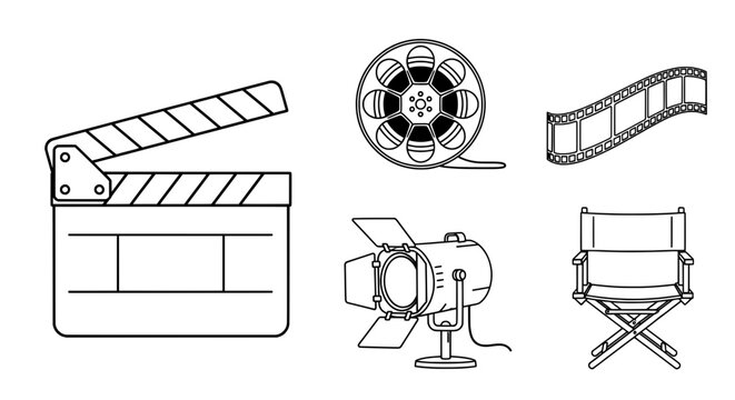 Line drawing of vintage film equipment including camera clapperboard and director chair