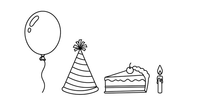 Black and white line drawing of a birtay py with balloon cake and hats