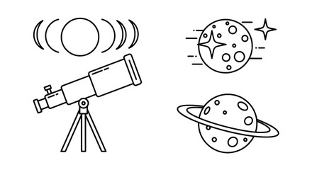 Astronomy telescope tripod with celestial circles stars moon planet drawing