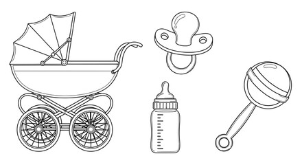 Minimalist line drawing of baby stroller pacifiers milk bottle and lollipop