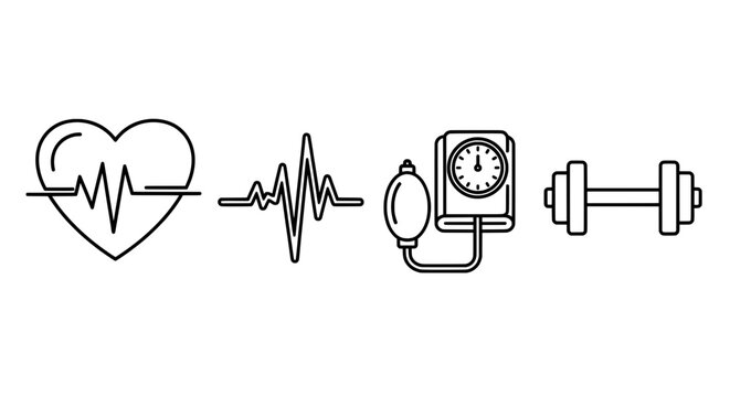 Hebeat line drawing with dumbbells and blood pressure monitor medical equipment