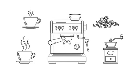 Line drawing of a coffee machine with cups and a grinder on a counter
