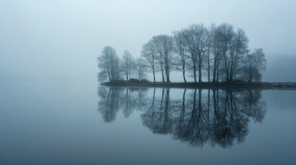 Fototapeta premium Tranquil misty landscape featuring a small island of bare trees perfectly reflected on the calm glassy surface of a serene lake in soft blue tones