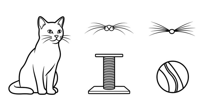 minimalist cat sitting beside three different toy s in line drawing