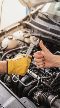 Two male mechanic hands in a garage, one holds a steel wrench and the other gives a thumbs up. Concept of professional car repair, quality service, and job satisfaction
