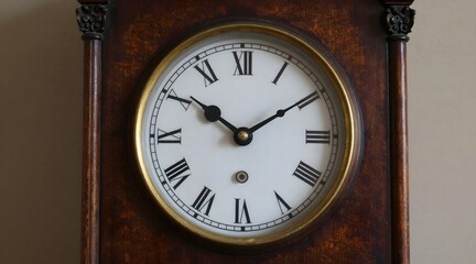 Close-up of antique wooden clock face with roman numerals and golden rim